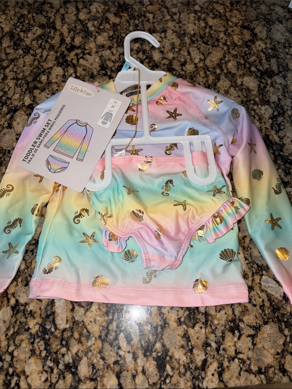 Brand New Toddler Rainbow Seashell Rash Guard Swim Set - Pink/Blue/Yellow